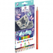 Цветные карандаши Attomex "Cute Kitty" 12 цветов, шестигранные, деревянные, картонная коробка, европодвес