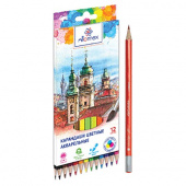 Цветные карандаши акварельные "Attomex" 12 цветов, шестигранные, деревянные, картонная коробка, европодвес