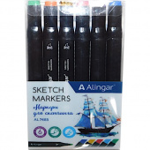 Набор маркеров для скетчинга "ALINGAR" двухсторонние, 6 цветов, основные цв, пулевидный/клиновидный 1-6 мм, спиртовая основа