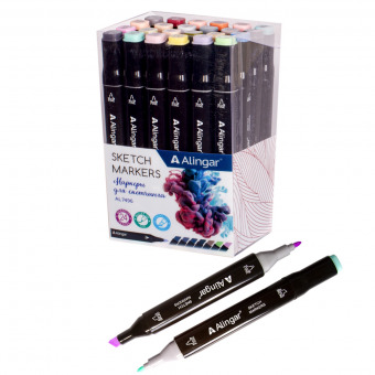 Набор маркеров для скетчинга "ALINGAR" двухсторонние, 24 цвета, серые-пастельные цв, пулевидный/клиновидный 1-6 мм, спиртовая основа
