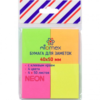 Бумага для заметок с клеевым краем Attomex "NEON" 40х50 мм, 4 цвета х 50 листов, 75 г/м2