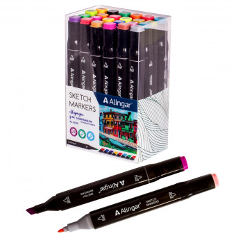 Набор маркеров для скетчинга "ALINGAR" двухсторонние, 24 цвета, основные цв, пулевидный/клиновидный 1-6 мм, спиртовая основа