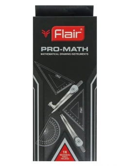 Набор чертежный Flair "PRO-MATH" 9 предметов, металлический футляр, картонная упаковка, европодвес